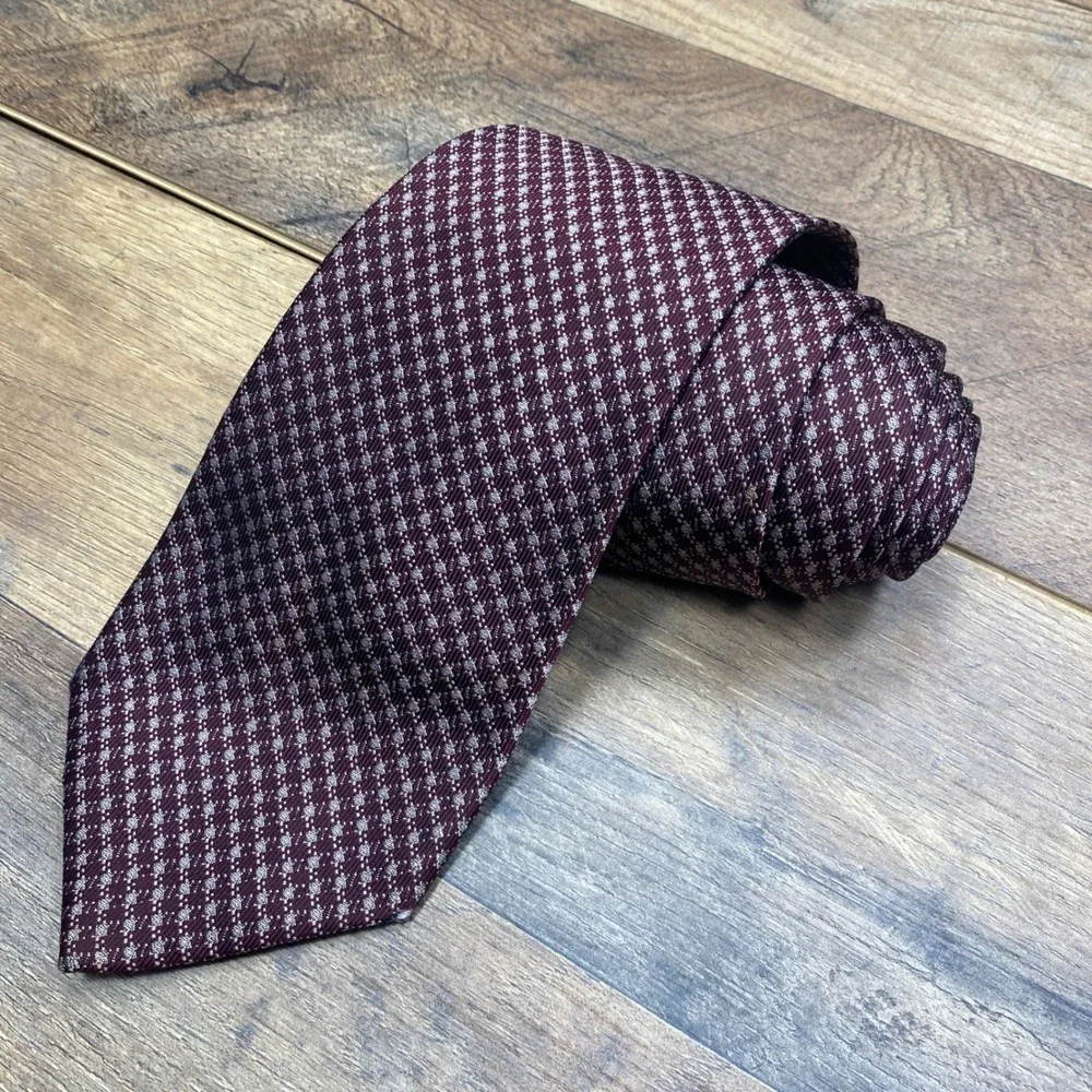 Hiroko Koshino Homme Tie Mens OS Burgundy Silk Geometric Pattern Formal Business
